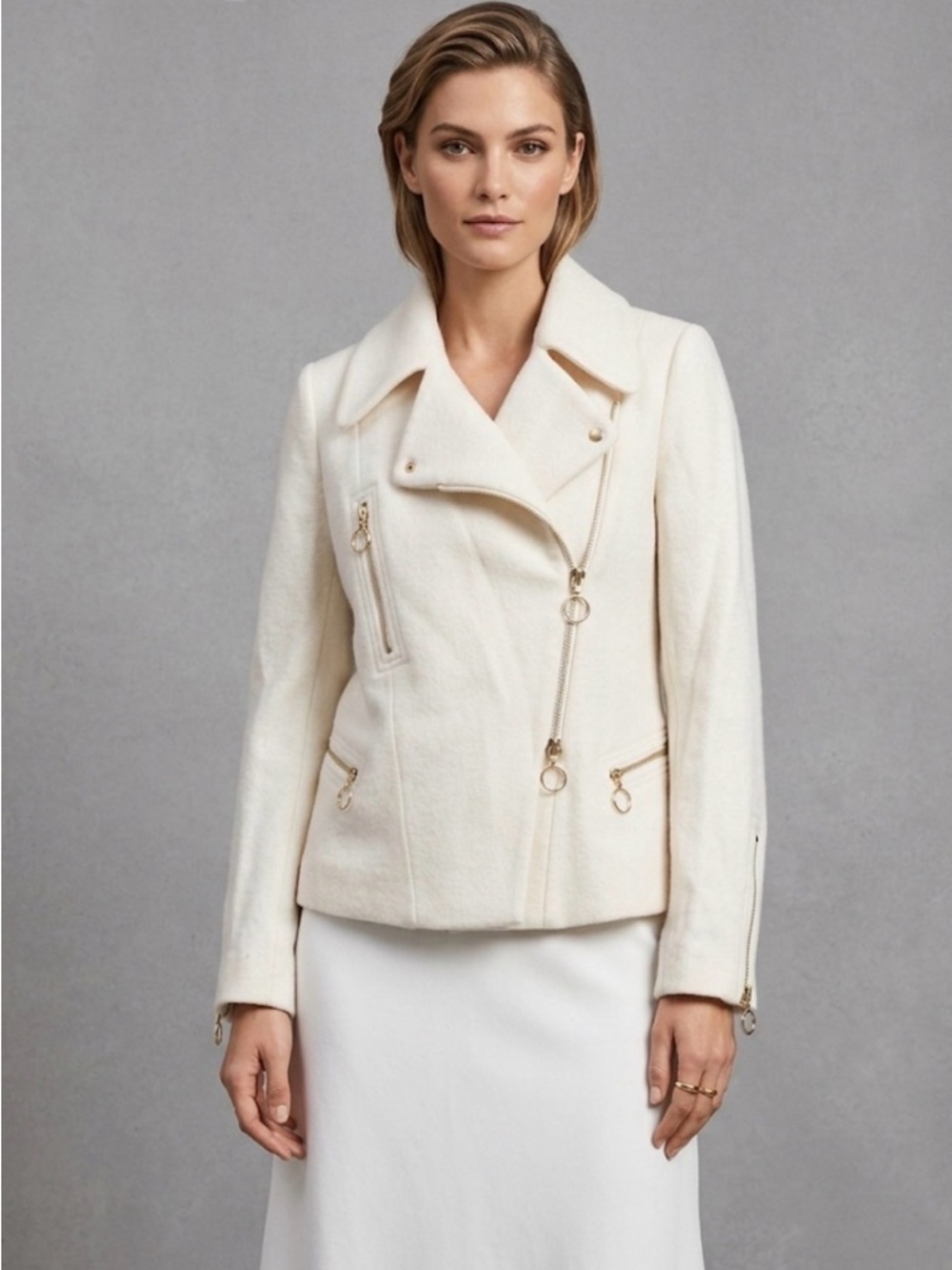 CHLOÉ Off-White Wool Moto Jacket Gold Ring Zippers Archival 2008 - Picture 13 of 13